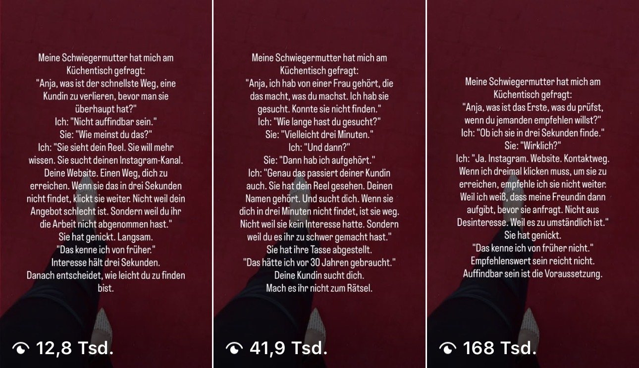 Drei Reels von Anja mit 12.800, 41.900 und 168.000 Aufrufen