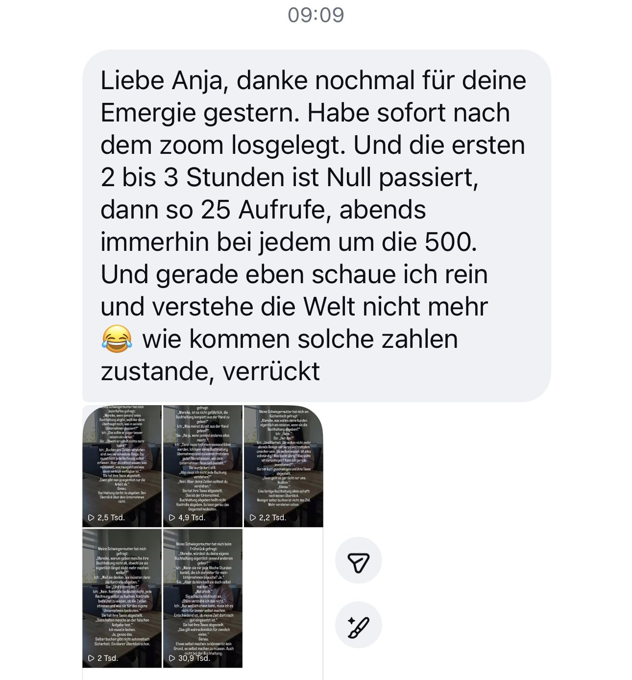 Nachricht einer Teilnehmerin mit Reels bis 30.900 Aufrufen